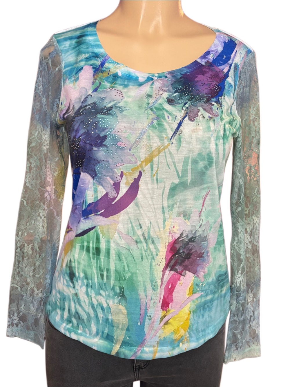 Chico’s Abstract Watercolor Print Long Sleeve W/ Sheer Lace Sleeves